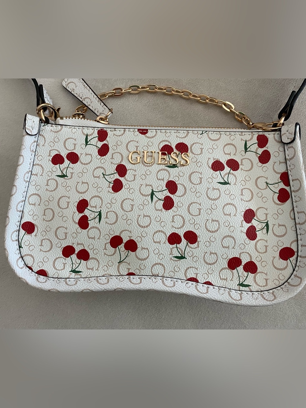 GUESS White Cherry Logo Mini Wristlet with Gold Hardware